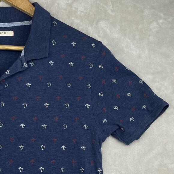 Brave Soul London Mens Small Birds Print Midnight Blue Polo Shirt Preppy Geeky - Picture 2 of 12